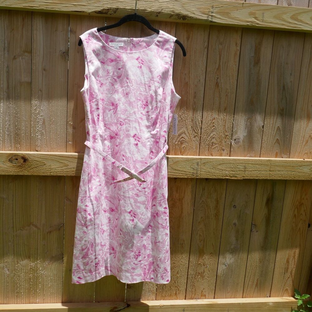Pendleton Sleeveless Sheath Dress Pink Floral Belted Cotton Spandex NWT 14P - Picture 1 of 6